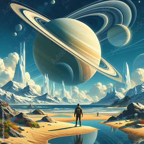 A man stands on the beach, looking at Saturn in space, a huge planet with rings and ice sculptures on it. The sky is blue, the clouds white, 