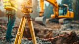 Heavy industry and security concept on blurred natural background. Civil engineer with theodolite crossing equipment at construction site outdoors. Big excavator in the background