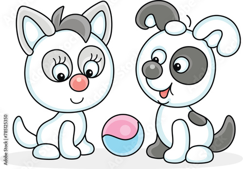 Funny little spotted black and white puppy and a cute white and grey kitten going to play with a small toy ball in a yard of their house, vector cartoon illustration on a white background © Alexey Bannykh