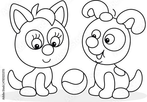 Funny little spotted puppy and a cute kitten going to play with a small toy ball in a yard of their house, black and white vector cartoon illustration for a coloring book
