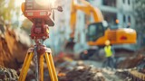 Heavy industry and security concept on blurred natural background. Civil engineer with theodolite crossing equipment at construction site outdoors. Big excavator in the background