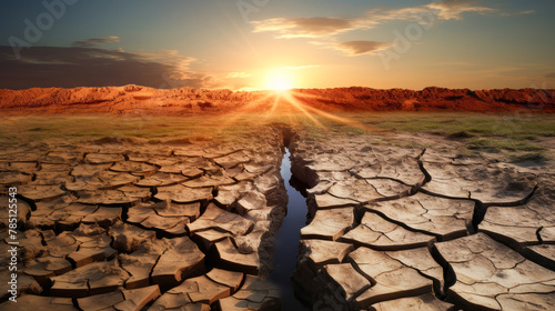 Heat-cracked land without rain or water. photo