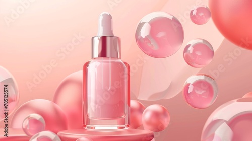 Face essence cosmetic ad in 3D. Illustration of a light-textured and moisturizing serum on a transparent circle disk