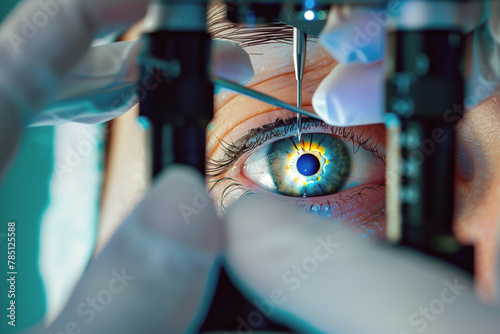 Close-up of eye surgery with medical equipment in operation.