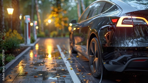 Alternative energy concept.Close up of the Hybrid car electric charger station with power supply plugged into an electric car being charged © andriyyavor