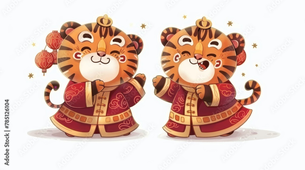 CNY zodiac tigers bowing to each other on Spring Festival. Hand-drawn illustration of two chubby tigers in traditional costumes.