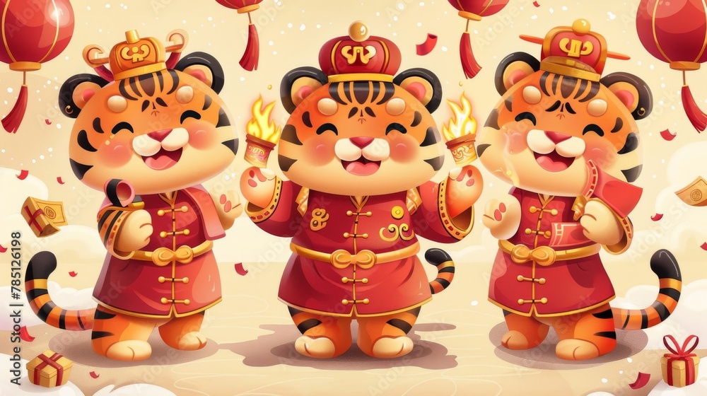 Fototapeta premium An illustration of three chubby tigers playing firecrackers, cupping hands in greeting, and receiving lucky money at Spring Festival featuring Chinese zodiac animals.
