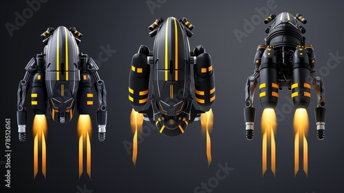 Isolated 3D modern illustration of a futuristic jetpack with yellow stripes on the wings and fire on the top. Jetpack futuristic mechanical turbo engine with wings for pilot, realistic illustration.