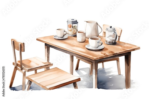 Watercolor illustration of a wooden table with chairs and coffee cups.