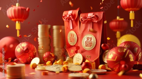 Red envelopes with 100RM written in Chinese on big ribbons  gold ingot  coins and coupons adorning the banner to claim CNY lucky money.