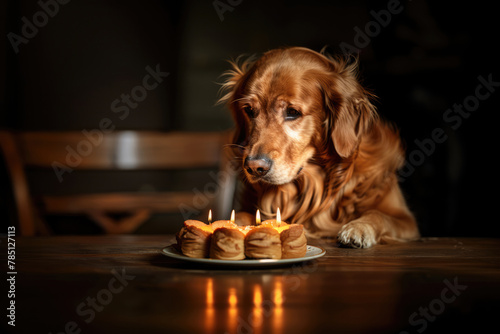 Happy dog with cake is celebrating birthday, pet friendly concept © DELstudio