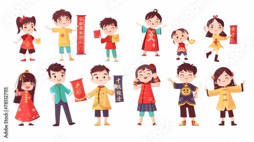 A set of kids characters set for the Chinese New Year. Each child is doing a different activity on this occasion, such as writing calligraphy, hanging couplets, and receiving a red envelope.