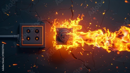 Realistic 3d modern illustration showing faulty wiring, short circuit fire, and an electrical overload in a socket with plug and switch.
