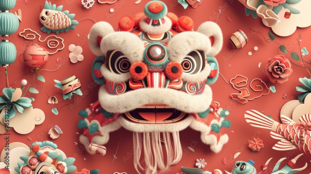 New Year's Eve Greeting Card with rolled ink texture and Chinese couplet surrounded by lion dance head puppet, fish for New Year's Eve dinner and other objects.