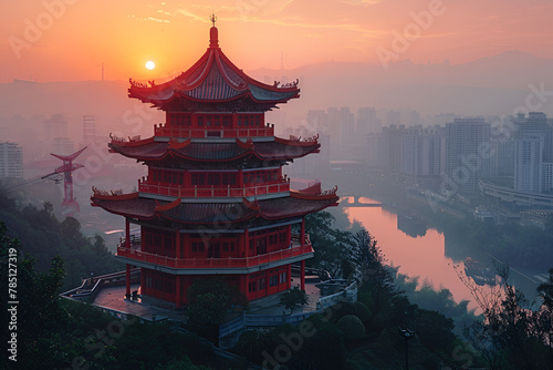 temple of heaven, Chongqing Hong Pavilion Sunset