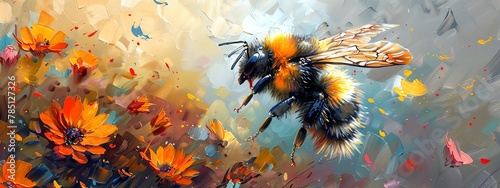 Illustrate an intricate, hyper-realistic oil painting of a bumblebee with iridescent wings, hovering over a whimsical pathway of assorted flower petals photo