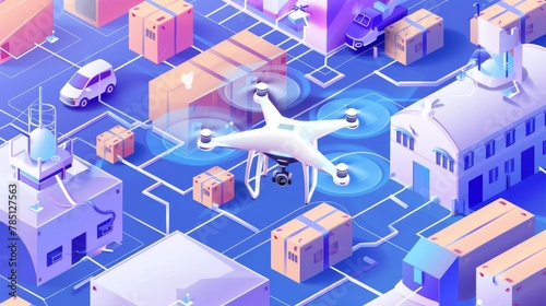 Isometric drone delivery landing page, drones shipping parcels from warehouse to customers. Future logistics technology, aircraft freight transportation 3d modern line art poster.