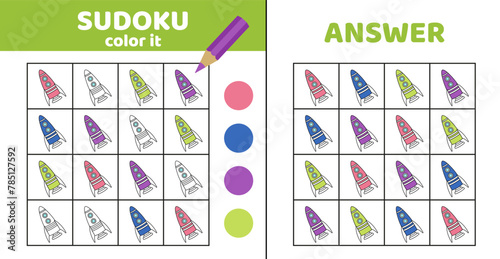 Sudoku with littele rocket. Coloring sudoku with rocket. Cartoon.