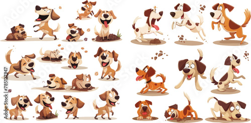 Cartoon dog set sleeping running and barking brown happy cute animal poses