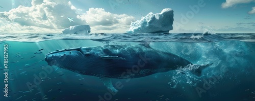 humpback whale captured swimming in the crystal-clear icy waters surrounded by massive icebergs under a blue sky. © Daniela