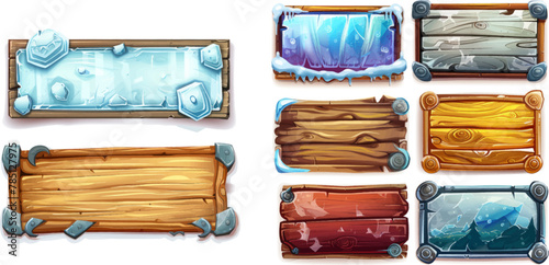 Wooden frozen glass and metal interface menu frame elements and banners