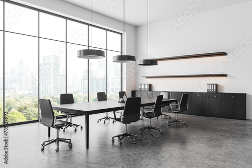 Minimalist office room interior meeting table and armchairs, panoramic window © ImageFlow