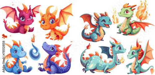  Funny fairytale dragon, cute magic lizard with wings and baby fire breathing serpent