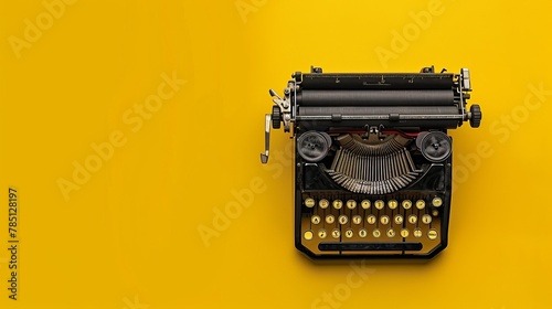 Retro-style typewriter on a yellow background. Top view. 
