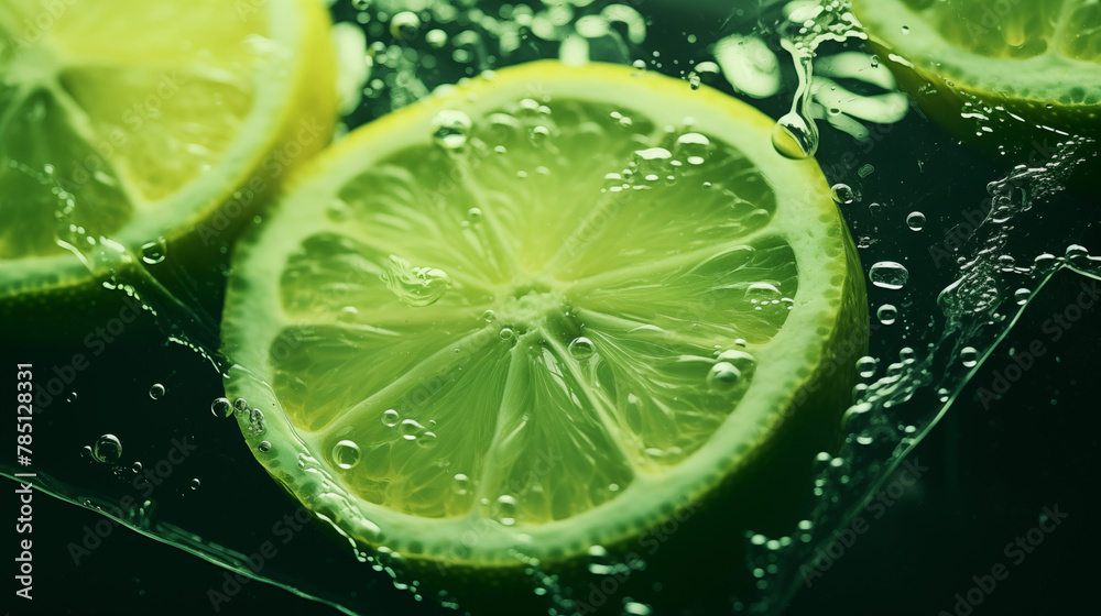 Morceaux de citrons verts, agrume sur un fond d'eau avec éclaboussure d'eau. Fruit, sain, délicieux, acide. Jus de fruit, boisson. Pour conception et création graphique.