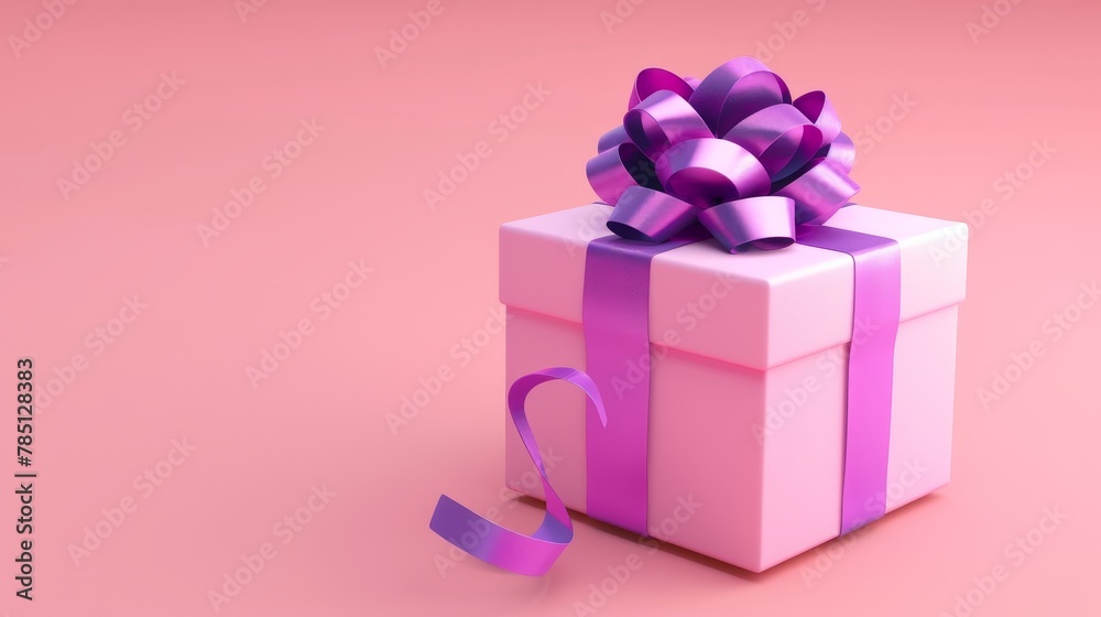 Isolated pink gift box with purple ribbon on pastel background. Perfect holiday gift, bonus, prize, birthday, christmas or wedding surprise. Isolated pink gift box with purple ribbon on pastel background. Perfect holiday gift, bonus, prize, birthday, christmas or wedding surprise.