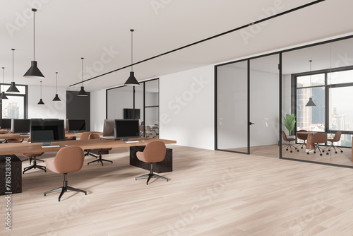 Cozy office interior with coworking and meeting space, panoramic window