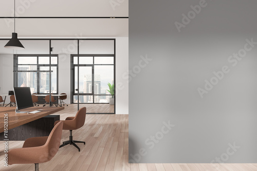 Photography Modern business interior with desk and armchairs in row, window