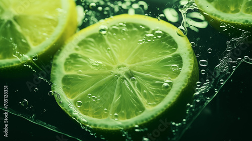 Morceaux de citrons verts  agrume sur un fond d eau avec   claboussure d eau. Fruit  sain  d  licieux  acide. Jus de fruit  boisson. Pour conception et cr  ation graphique.