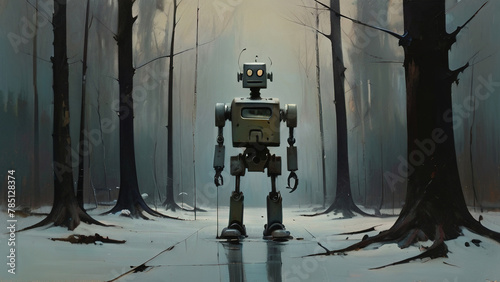 A robot stands in a forest, surrounded by trees photo