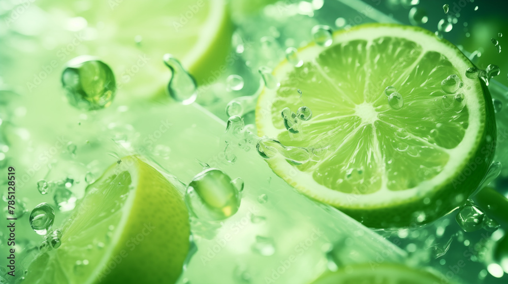 Morceaux de citrons verts, agrume sur un fond d'eau avec éclaboussure d'eau. Fruit, sain, délicieux, acide. Jus de fruit, boisson. Pour conception et création graphique. Morceaux de citrons verts, agrume sur un fond d'eau avec éclaboussure d'eau. Fruit, sain, délicieux, acide. Jus de fruit, boisson. Pour conception et création graphique.