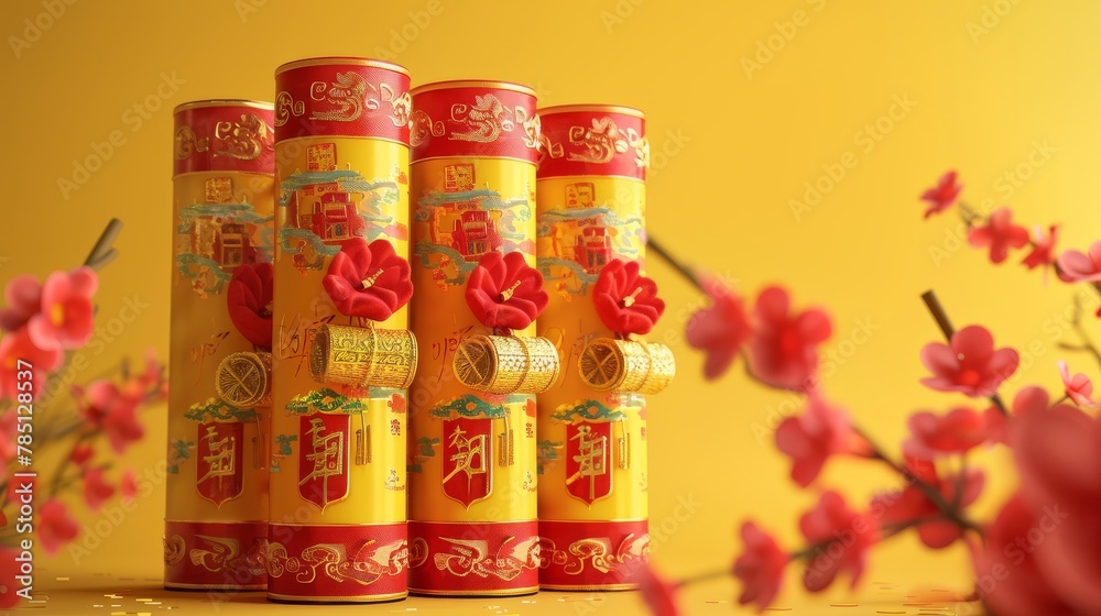 Fototapeta premium Realistic rendering of Chinese firecrackers isolated on a yellow background, one with an attached spring couplet
