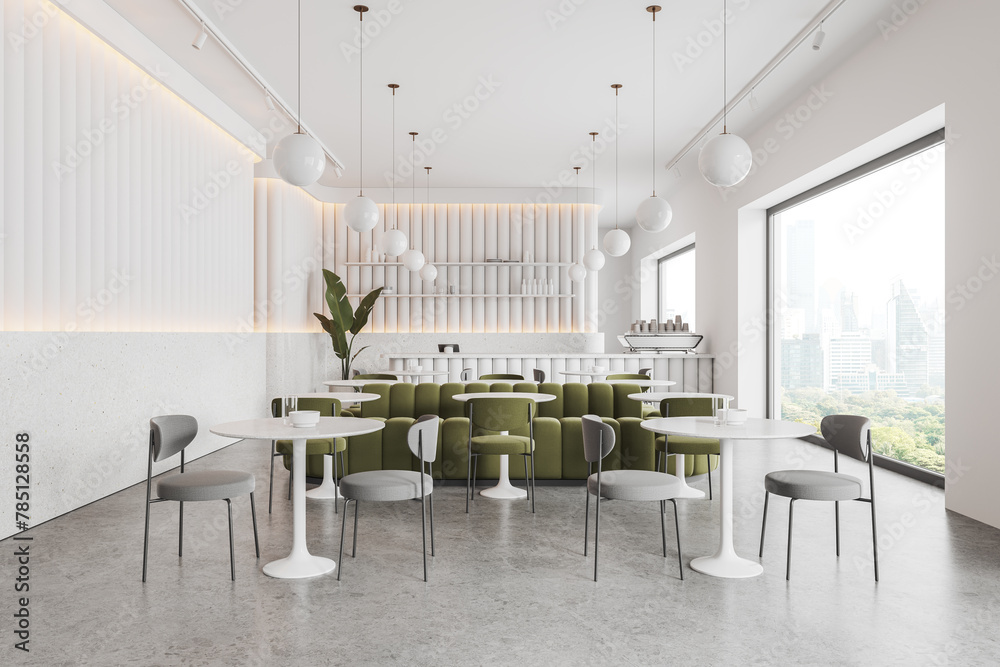 Naklejka premium Luxury restaurant interior with dining space with sofa, panoramic window