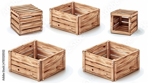 Vector Photo Realistic Empty Wooden Crates on a White Background. Isolated top  front  and perspective views against a white backdrop