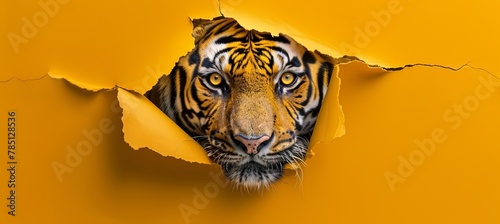 Siberian tiger peeking out of a hole in yellow wall, showing whiskers and snout photo