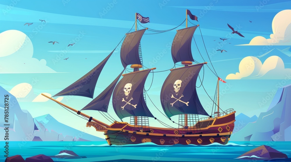 Pirate ship with black flag and jolly roger atop sails. Filibusters battleship floating on blue ocean surface. Cartoon game or book scene from Legend of the Seas.