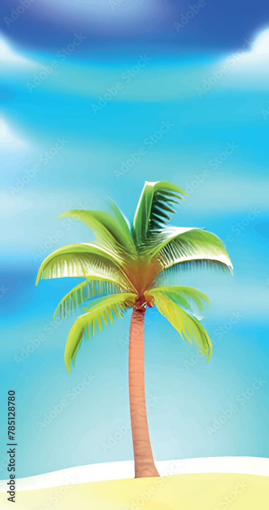 Vertical vector illustration of a palm tree with green leaves in a blue sky background