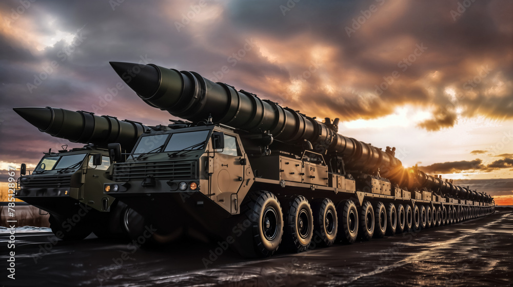 Intercontinental Ballistic Missile Launchers. Advanced Weaponry Concept. Mobile Nuclear Missiles.  ICBM Launchers on the Move. Global Conflict - obrazy, fototapety, plakaty 