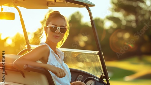 Young attractive woman with glasses sited in golf car photo