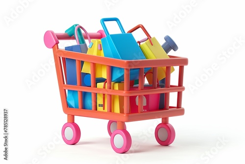 A shopping 3d cart with Daily necessities inside, in the style of a cartoon, icon design, with a simple and cute shape, on a white background