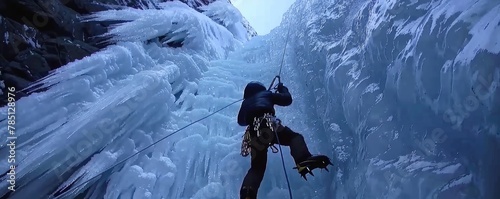 climber in gear scales a majestic frozen waterfall amid jagged rocks and icy crags photo