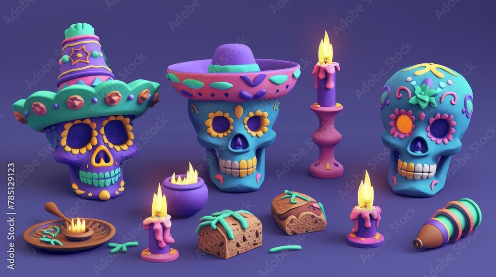 Contains sugar skulls wearing sombreros hats, sombreros, sombreros, candles, bread, and shaker instruments.