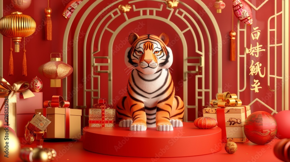 Greeting card depicting a 3D rendering of a tiger sitting on a red podium with money and gifts behind it. In the background, a Chinese window tracery with a couplet written in springtime hangs to the