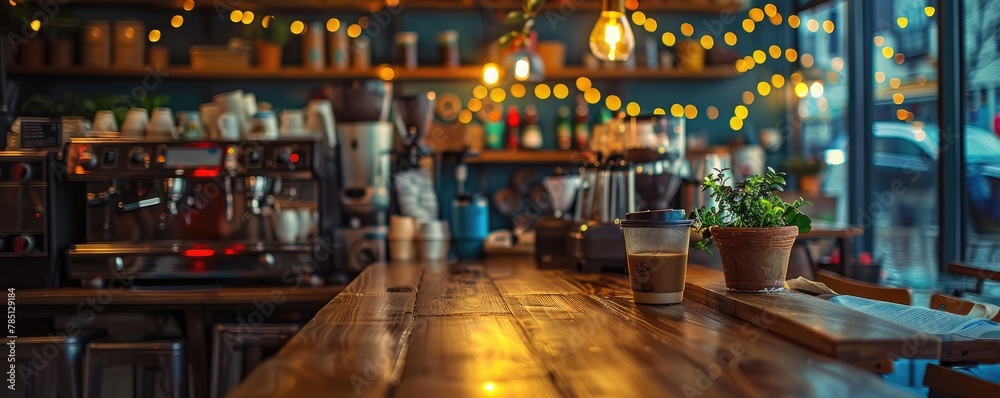 mug of coffee rests on a rustic wooden table in a warmly lit, inviting cafe atmosphere mug of coffee rests on a rustic wooden table in a warmly lit, inviting cafe atmosphere