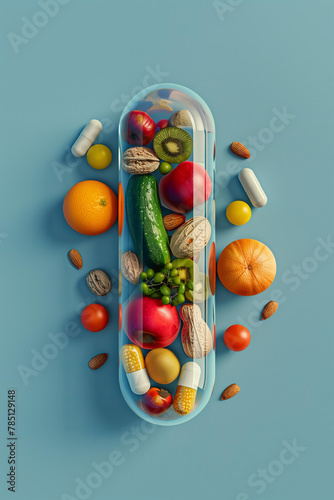 Script of multi-colored fruits, vegetables and nuts inside a capsule on a blue background. Conceptual print for healthy eating, vitamins or fitness.