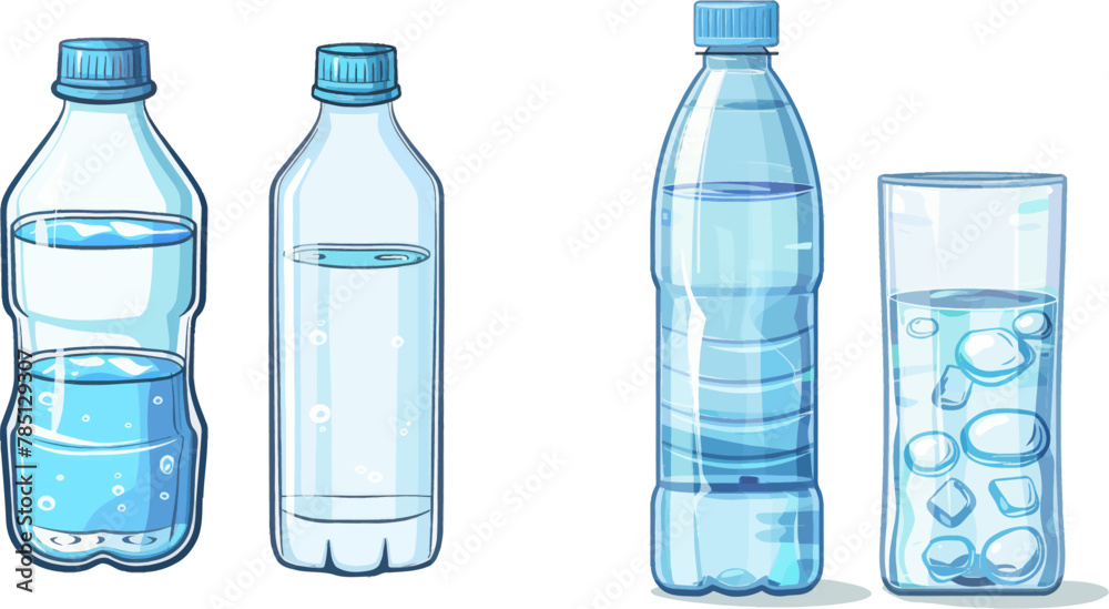 Glass of water and plastic bottle - obrazy, fototapety, plakaty 
